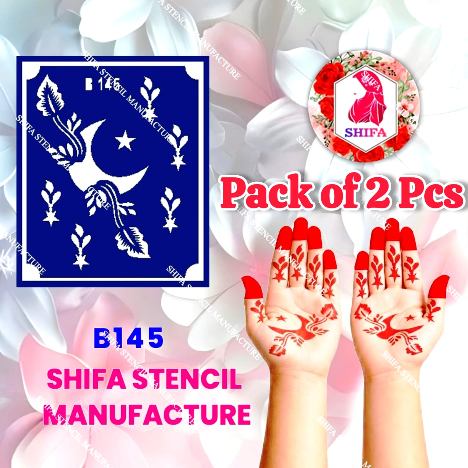 B145 (age 5 to 10) Feathered Crescent Bloom Double Hand Henna Stencil - Shifa Stencil